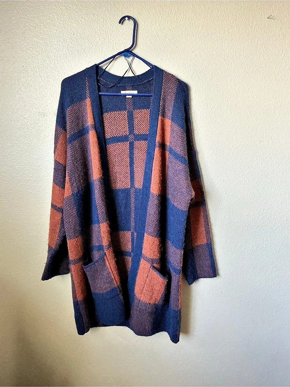 American Eagle Oversized Plaid Cardigan Blue & Brown Medium